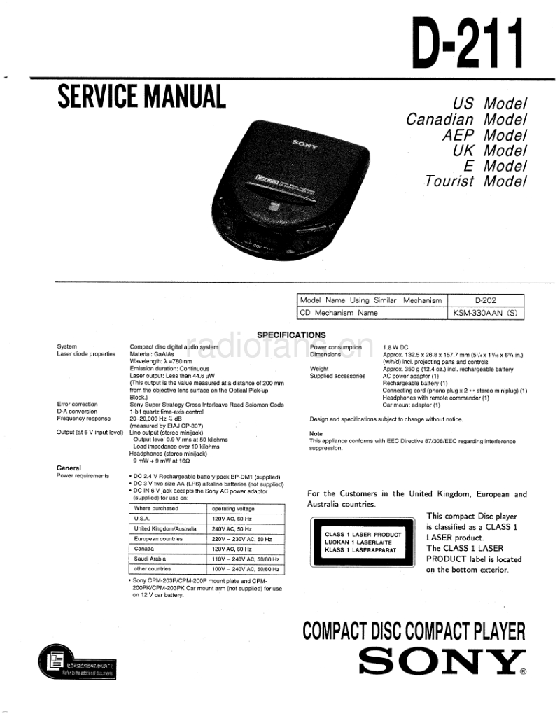 索尼 D-211 电路图 维修手册.pdf_第1页