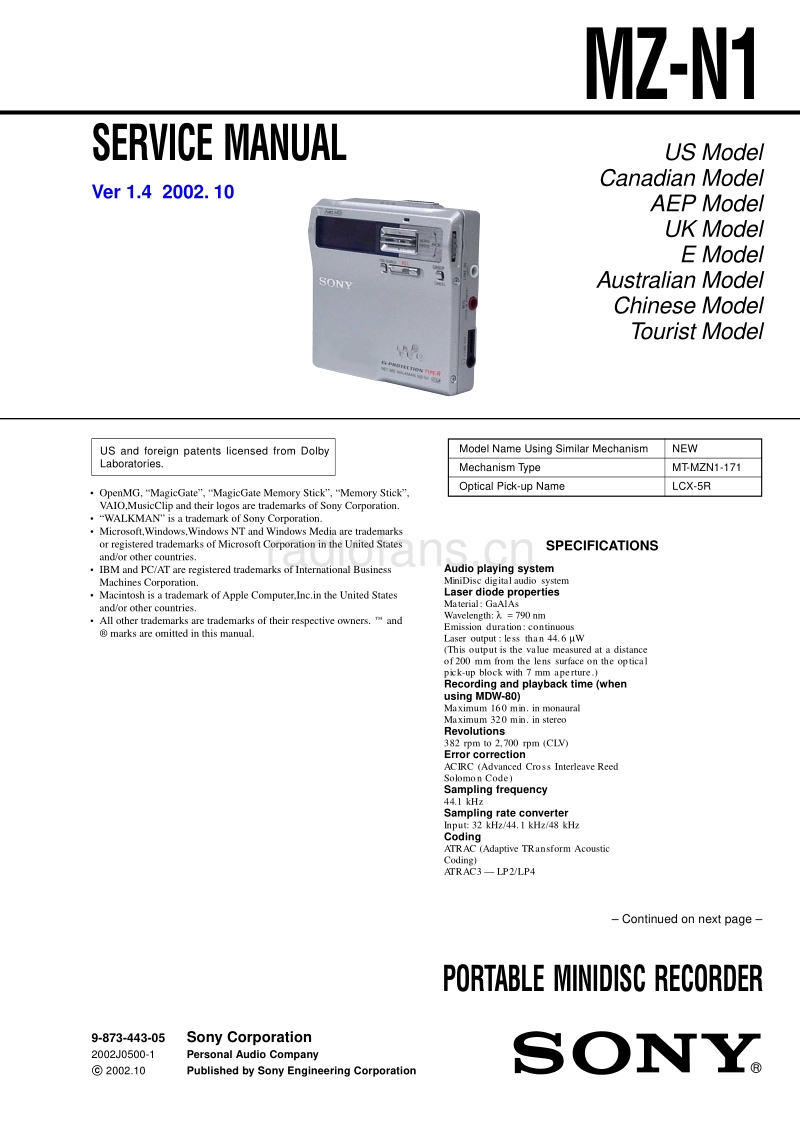 索尼 sony_MZ-N1_1.4_service_manual 电路图 维修手册.pdf_第1页