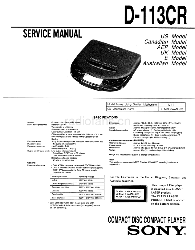 索尼 D-113CR 电路图 维修手册.pdf_第1页