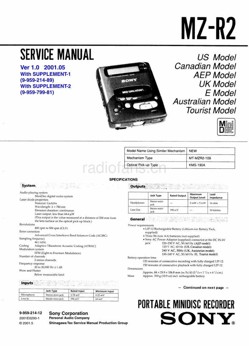 索尼 sony_MZ-R2_service_manual 电路图 维修手册.pdf_第1页