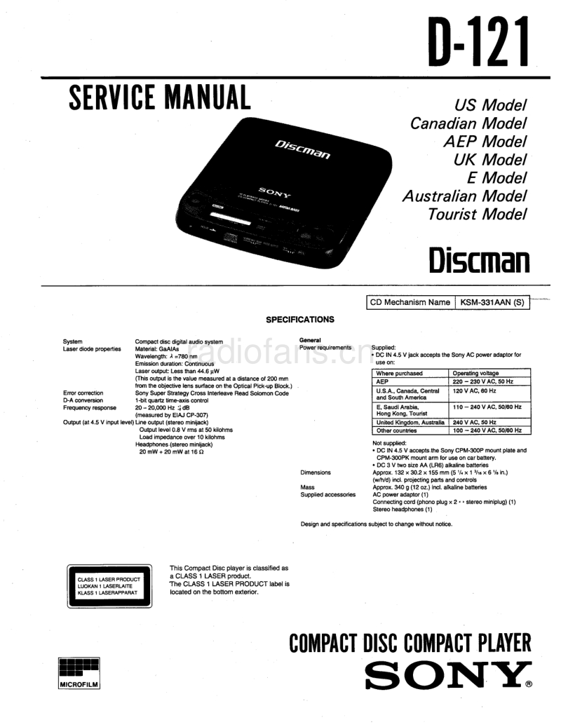 索尼 D-121 电路图 维修手册.pdf_第1页