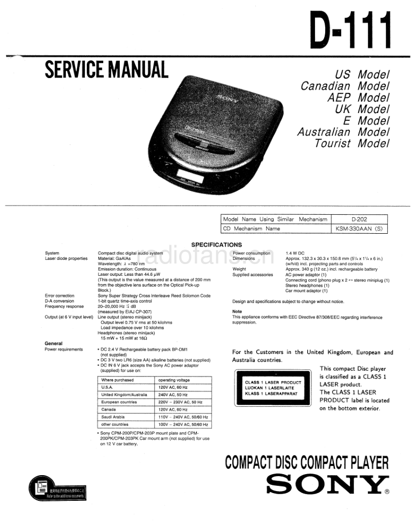索尼 D-111 电路图 维修手册.pdf_第1页