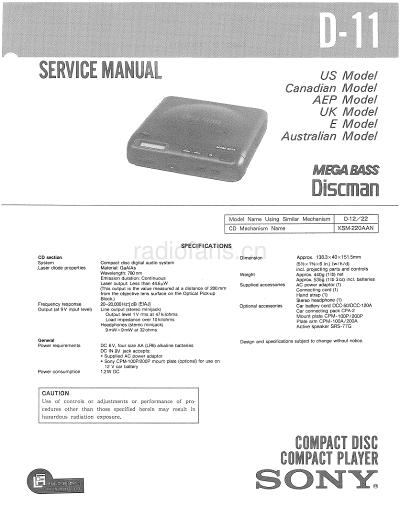 索尼 D-11 电路图 维修手册.pdf_第1页