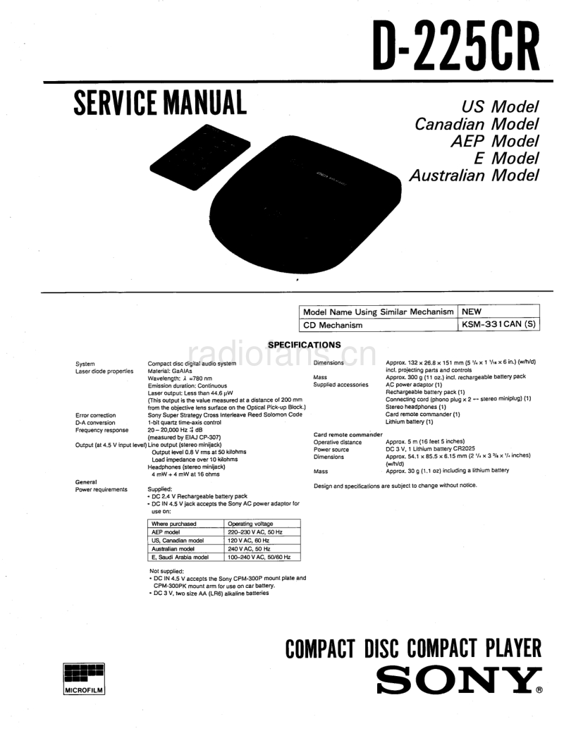 索尼 D-225CR 电路图 维修手册.pdf_第1页