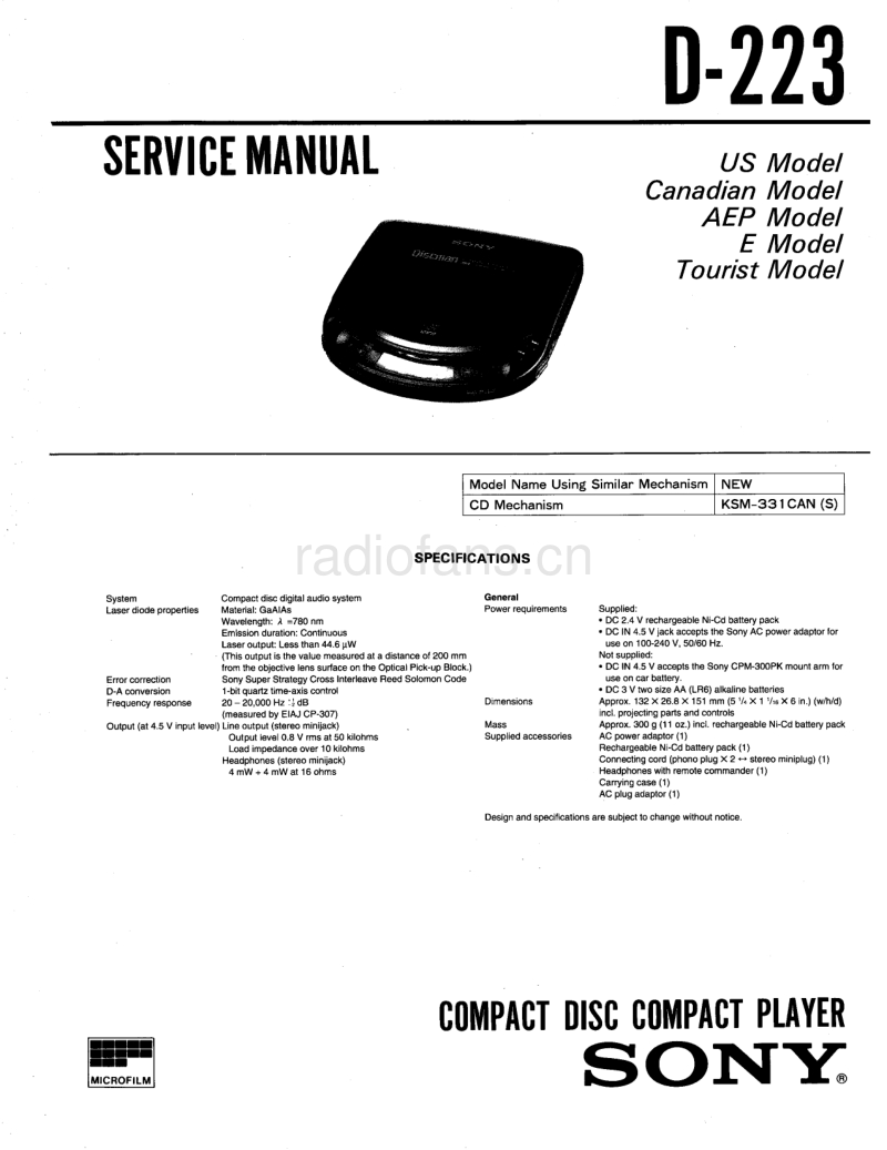 索尼 D-223 电路图 维修手册.pdf_第1页
