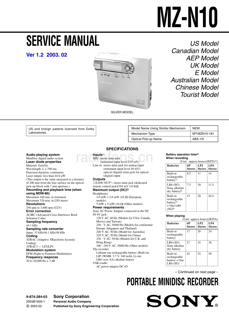 索尼 sony_MZ-N10_service_manual 电路图 维修手册.pdf_第1页