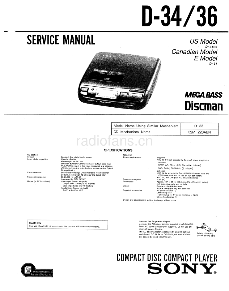 索尼 D-34_36 电路图 维修手册.pdf_第1页