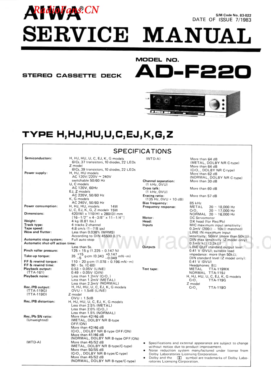 Aiwa-ADF220-tape-sm维修电路图 手册.pdf_第1页