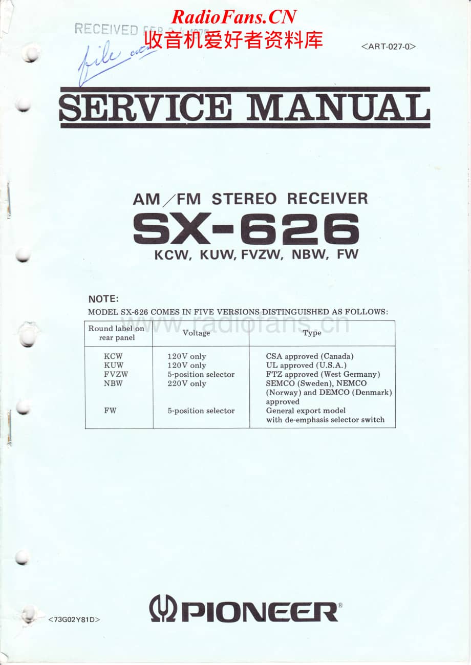 Pioneer-SX626-rec-sm维修电路原理图.pdf_第1页