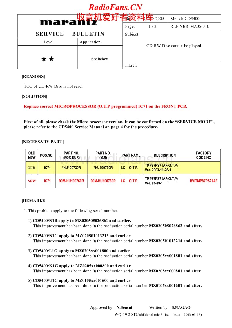 Marantz-CD-5400-Service-Bulletin-2电路原理图.pdf_第1页