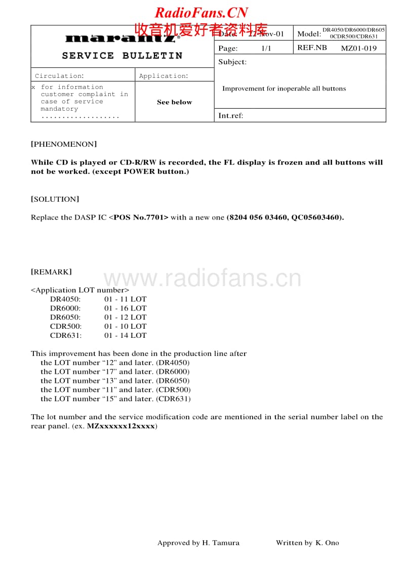 Marantz-DR-700-Service-Bulletin电路原理图.pdf_第1页
