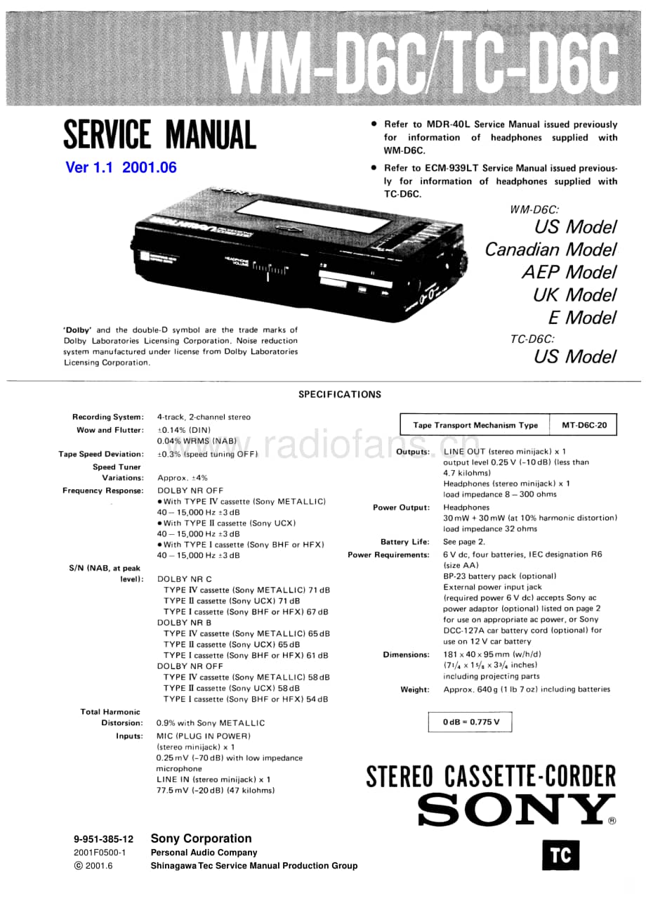 Sony WM-D6C维修手册电路图 维修原理图.pdf_第1页