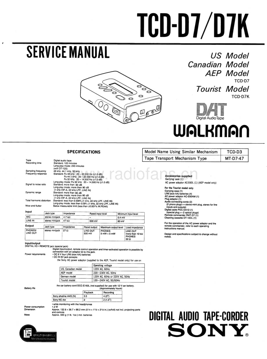 SONY TCD D7 SERVICE MANUAL电路图 维修原理图.pdf_第1页