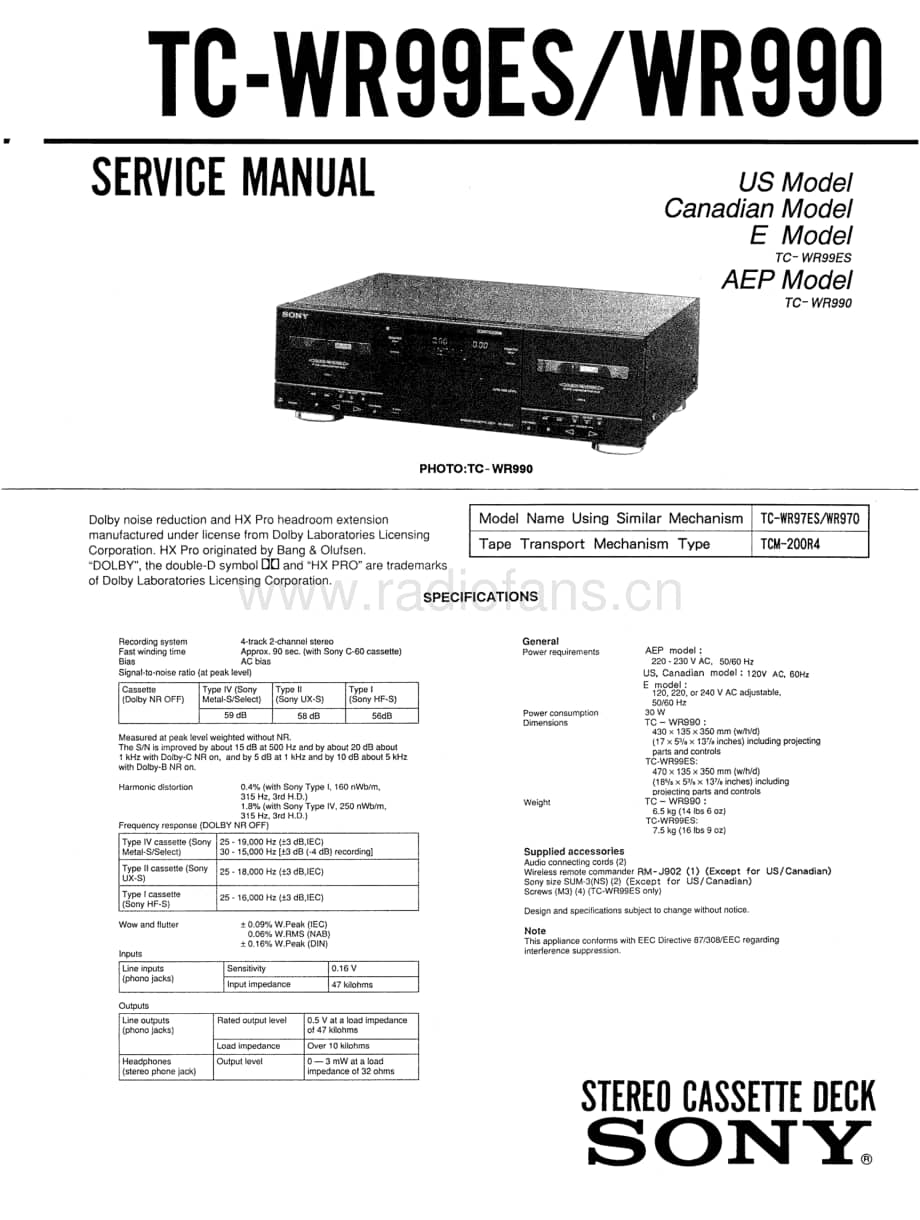 Sony_TCWR-990_service_manual 电路图 维修原理图.pdf_第1页