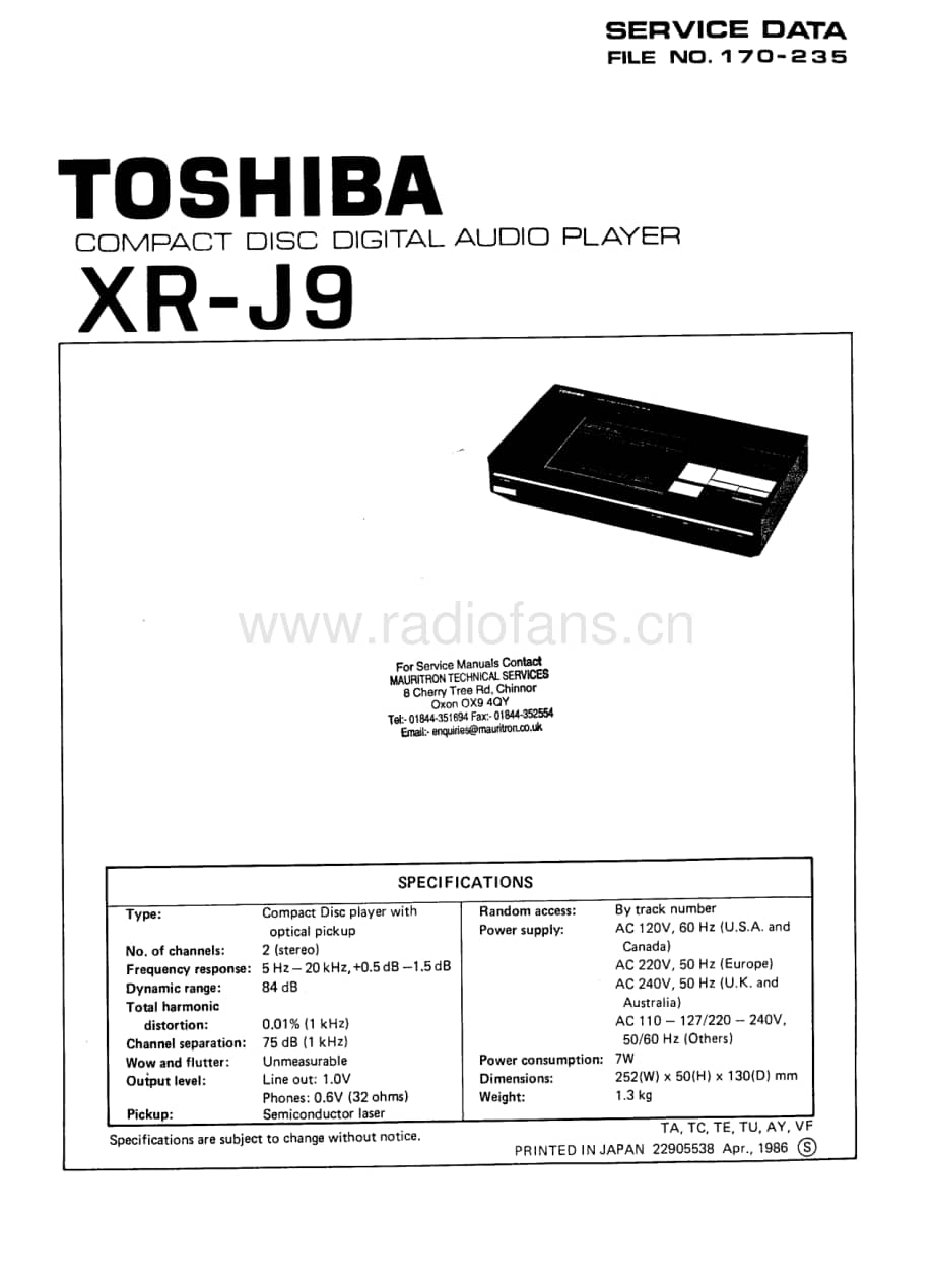 toshiba_xr-j9_compact_disc_audio_player_1986_sm 电路图 维修原理图.pdf_第1页