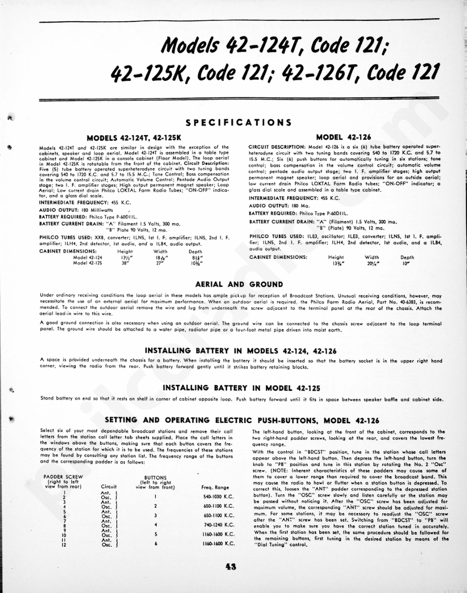 philco Models 42-124T, Code 121; 42-125K, Code 121; 42-126T, Code 121 维修电路原理图.pdf_第1页