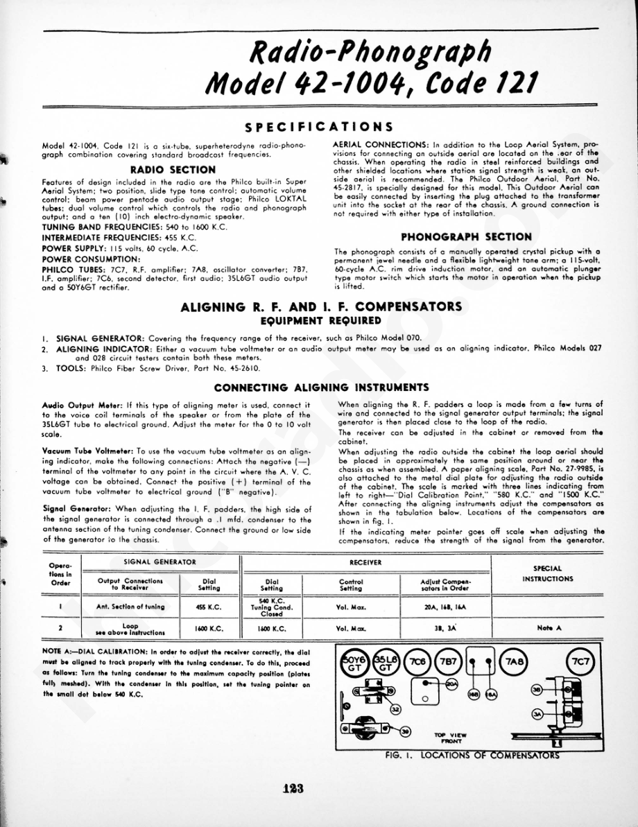 philco Radio-Phonograph Model 42-1004, Code 121 维修电路原理图.pdf_第1页