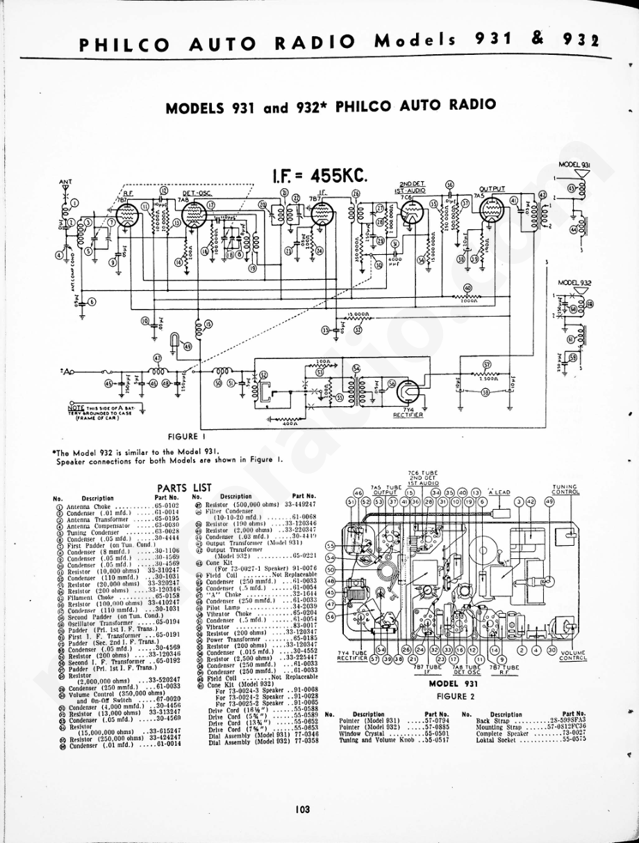 Philco Auto Radio Models 931 & 932 维修电路原理图.pdf_第1页