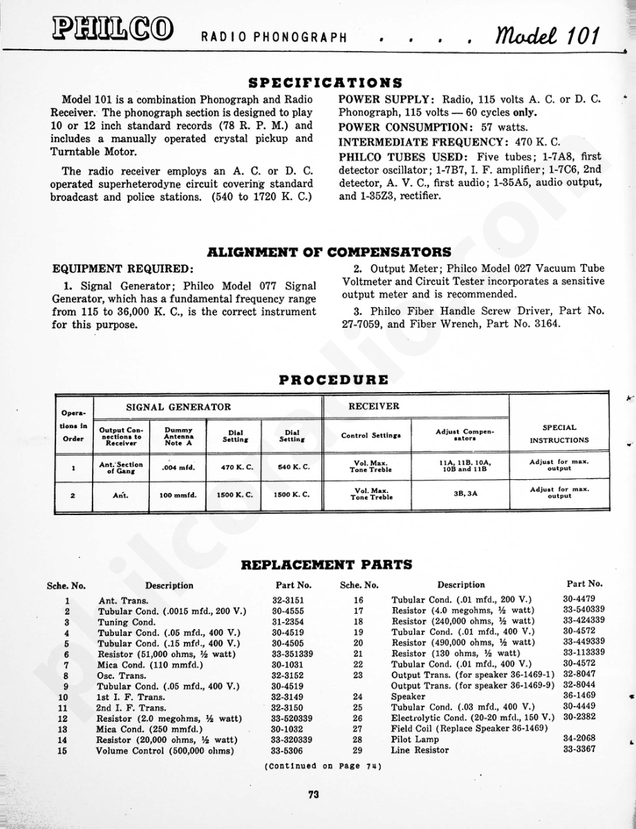 Philco Radio Phonograph Model 101 维修电路原理图.pdf_第1页