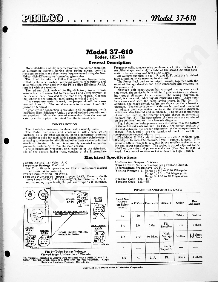 philco Model 37-610 (121, 122) 维修电路原理图.pdf_第1页