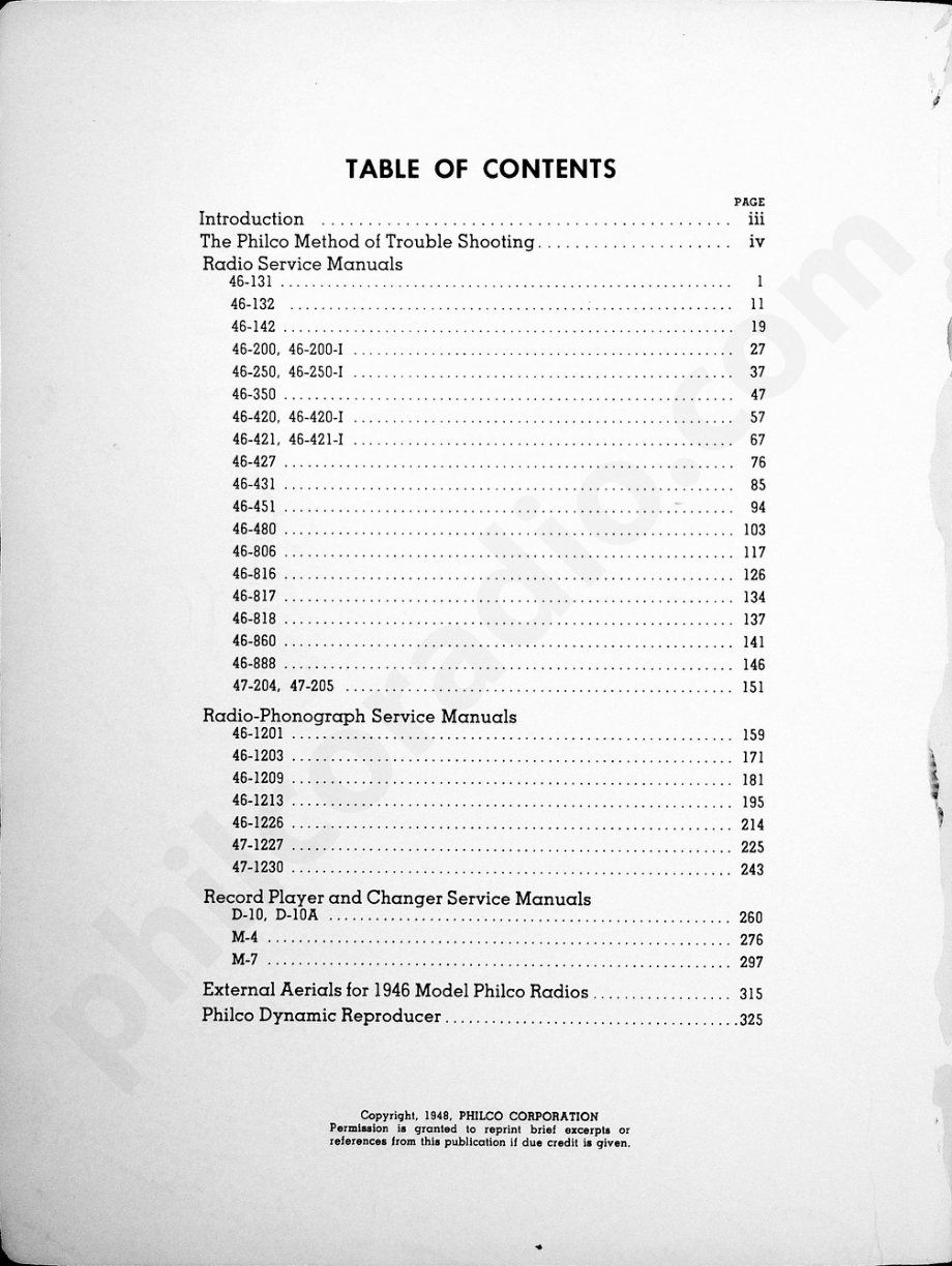 philco Table of Contents维修电路原理图.pdf_第1页