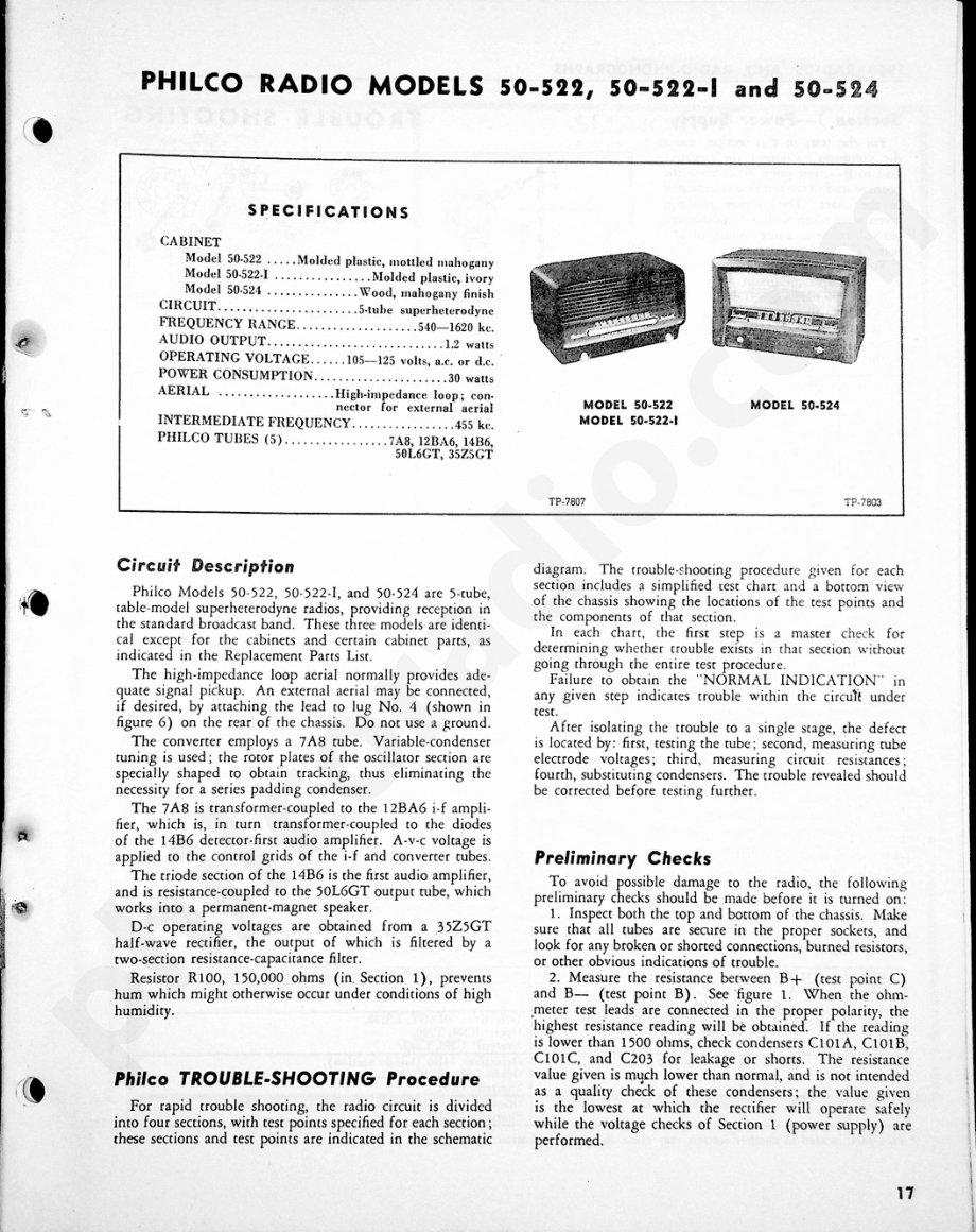 Philco Radio Models 50-522, 50-522-I and 50-524维修电路原理图.pdf_第1页