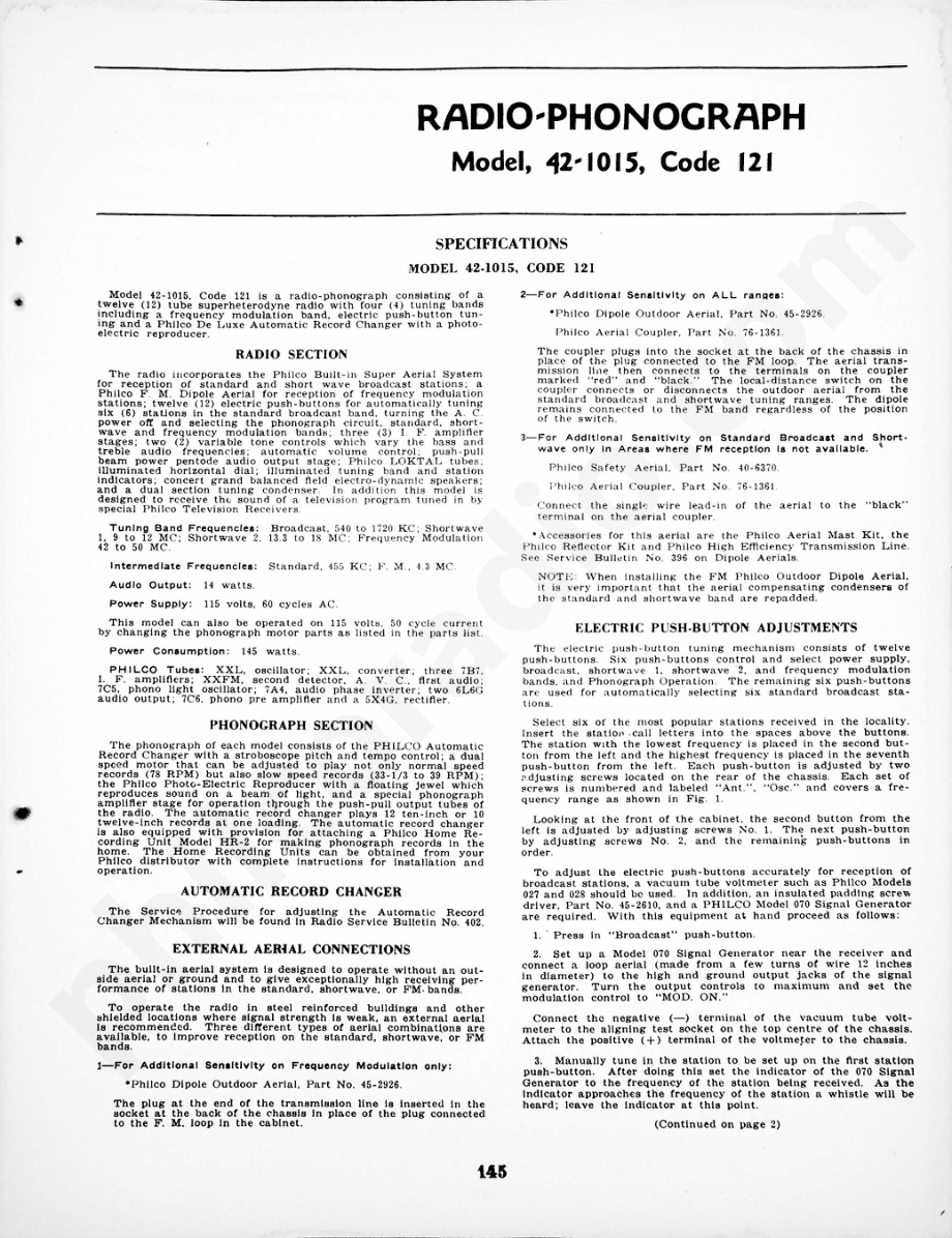 philco Radio-Phonograph Model 42-1015, Code 121 维修电路原理图.pdf_第1页