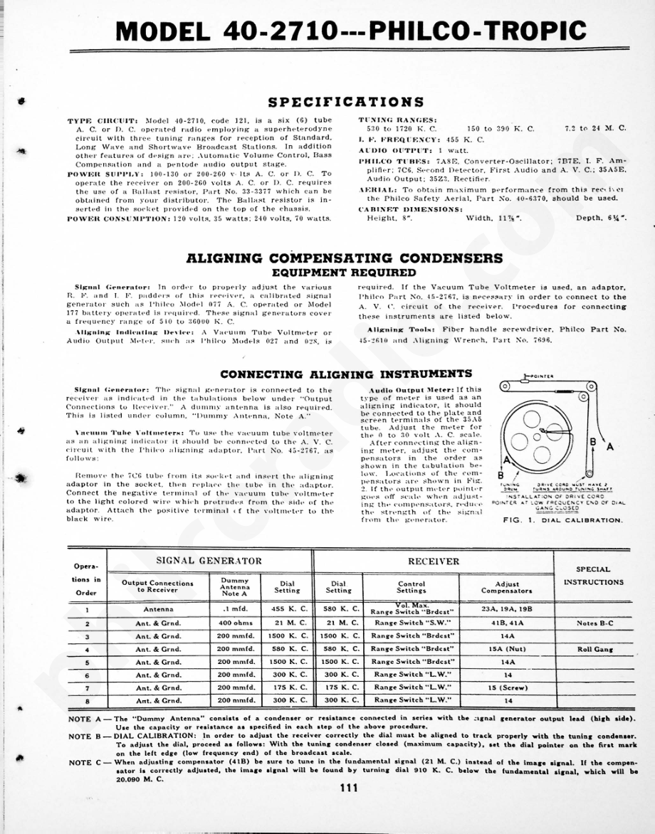 philco Aligning Procedure – Model S-1726 维修电路原理图.pdf_第1页
