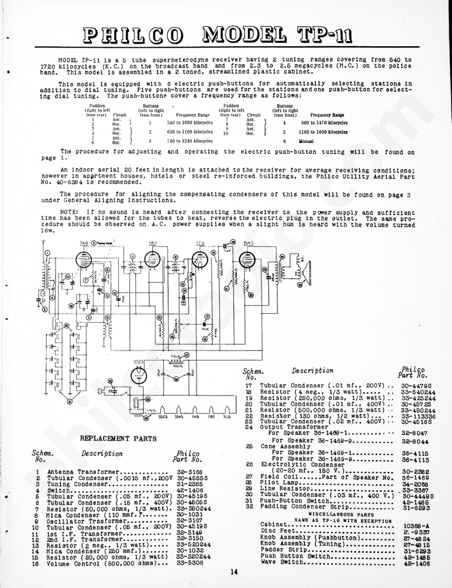 Philco Model TP-11 维修电路原理图.pdf_第1页