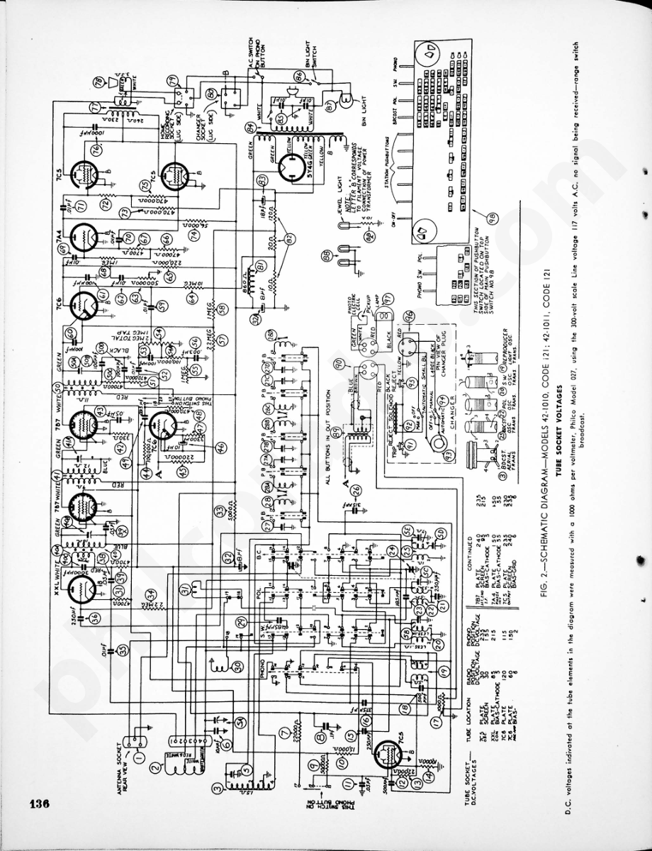 philco Radio-Phonograph Models 42-1010, Code 121; 42-1011W, Code 121; 42-1011M, Code 121 维修电路原理图.pdf_第2页