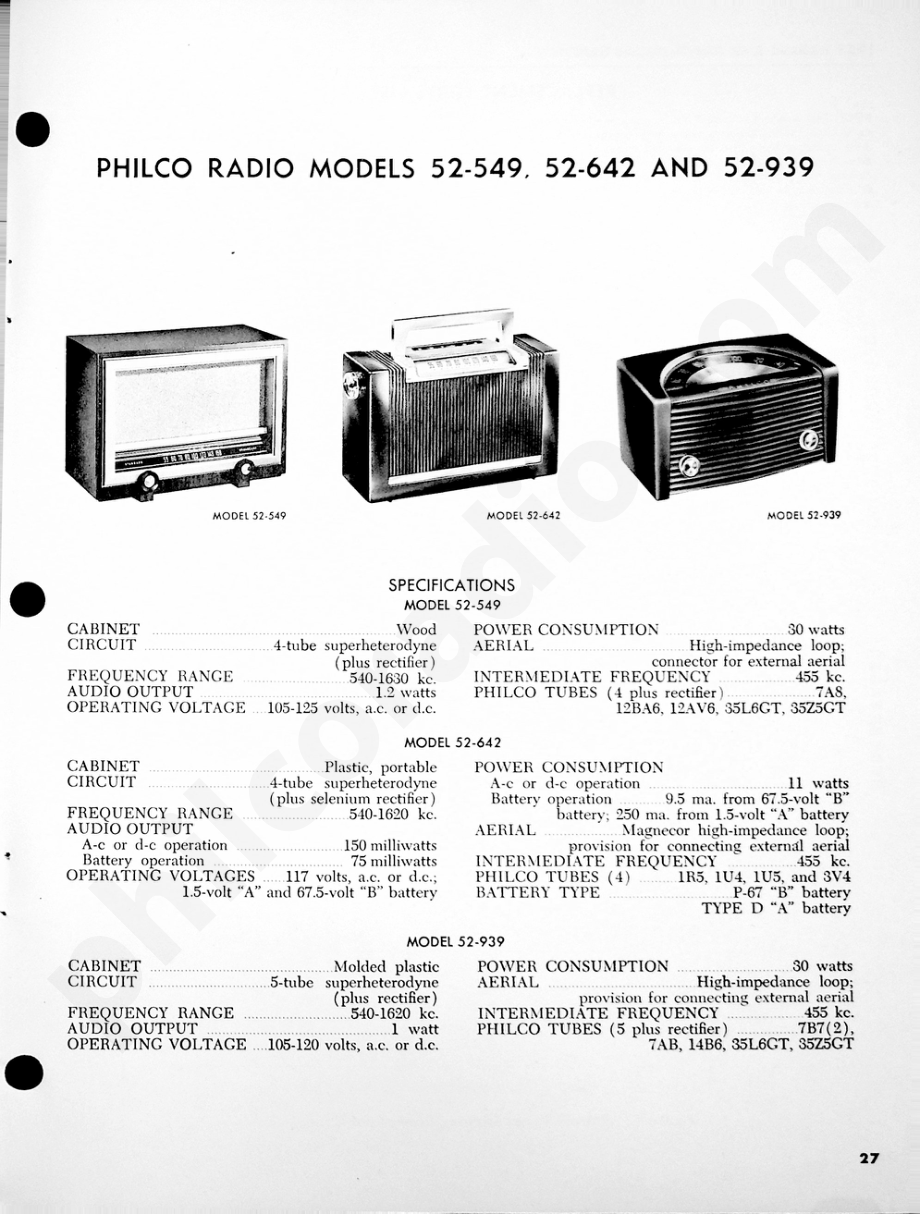 Philco Radio Models 52-549, 52-642 and 52-939维修电路原理图.pdf_第1页
