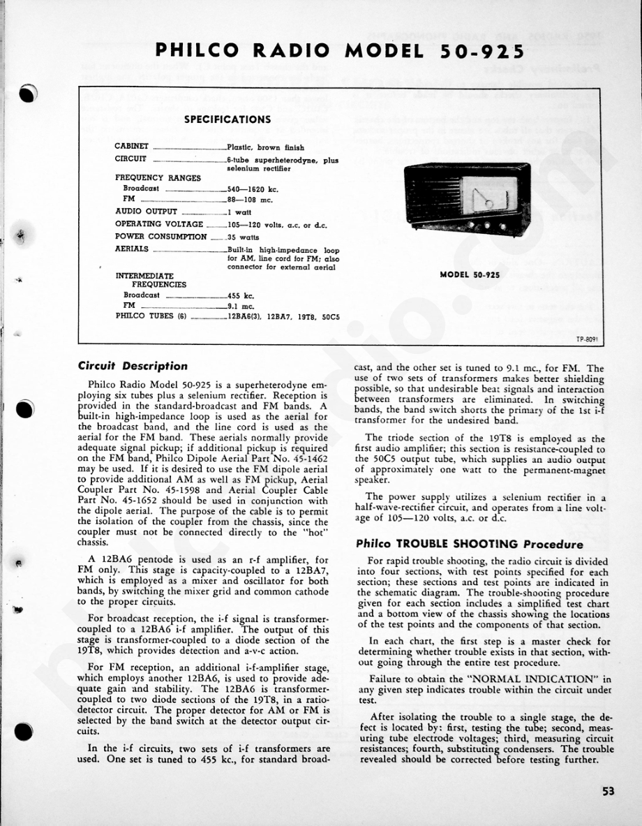 Philco Radio Model 50-925维修电路原理图.pdf_第1页
