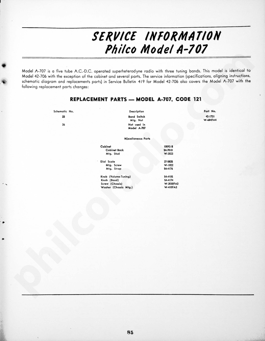 philco Service Information Philco Model A-707 维修电路原理图.pdf_第1页