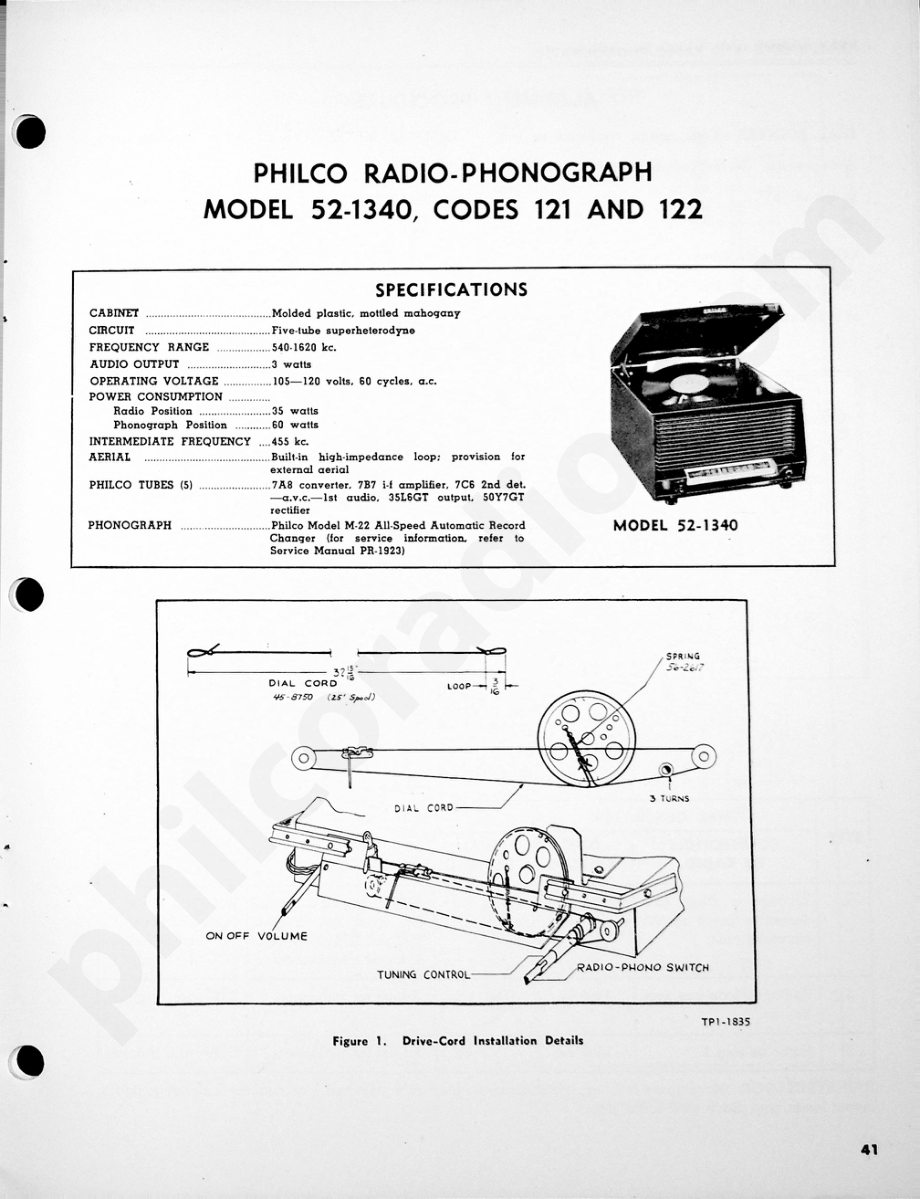 Philco Radio-Phonograph Model 52-1340, Codes 121 and 122维修电路原理图.pdf_第1页