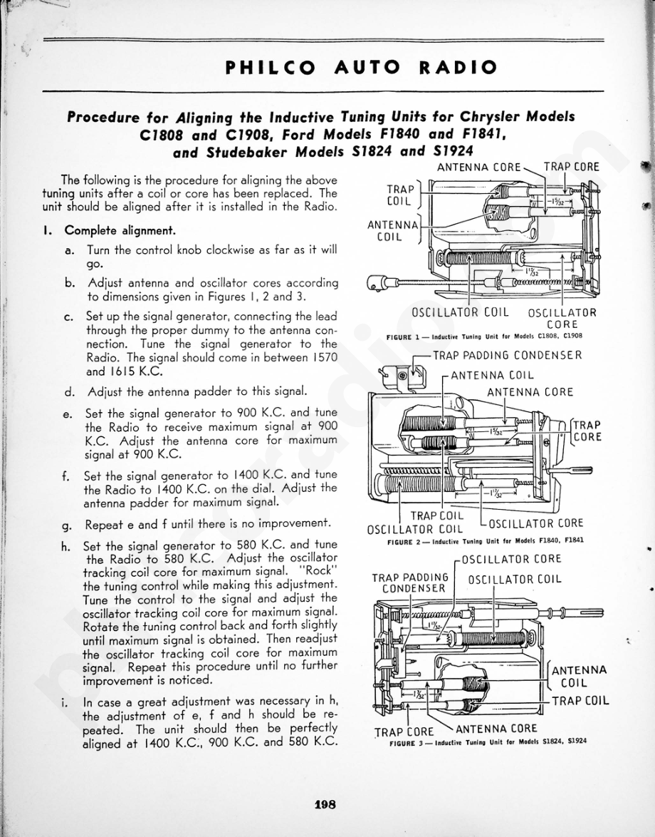 philco Procedure for Aligning the Inductive Tuning UUnits for Chrysler Modles C1808 and C1908, Ford Models F1840 and F1841, and Studebaker Models S1824 and S1924 维修电路原理图.pdf_第1页