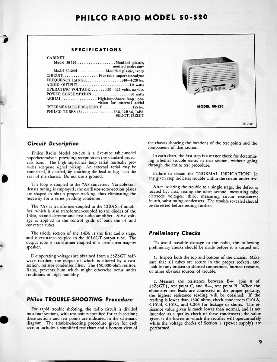 Philco Radio Model 50-520维修电路原理图.pdf_第1页