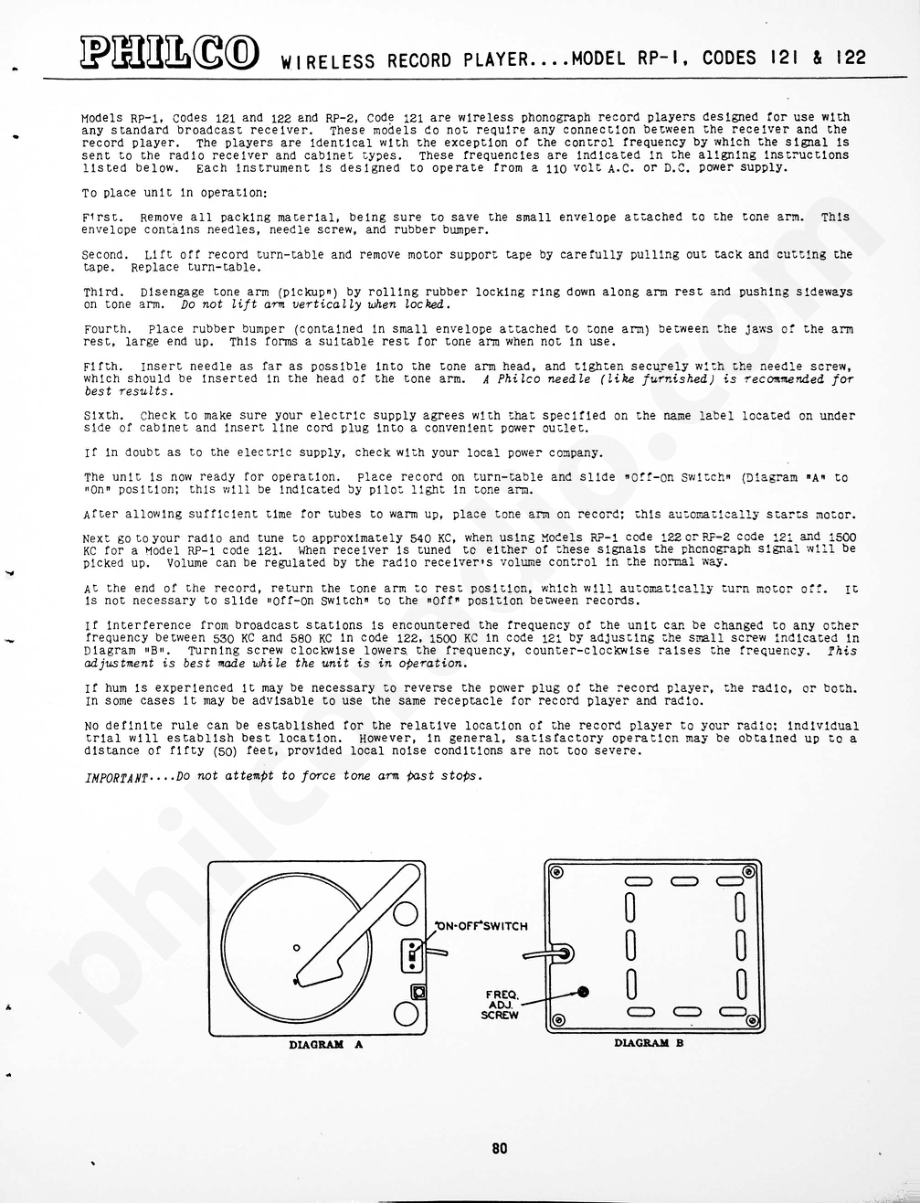 Philco Wireless Record Player Model RP-1, Codes 121 & 122 维修电路原理图.pdf_第1页