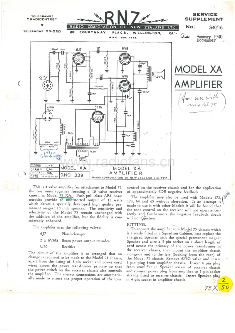RCNZ-model-XA-4V-Amplifier-for-use-with-model-75-1940 电路原理图.pdf_第1页