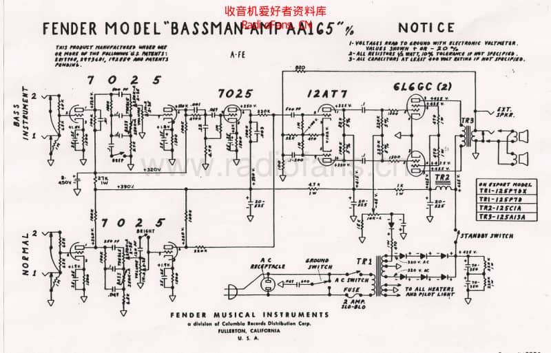 Fender_bassman_aa165_schematic 电路图 维修原理图.pdf_第1页