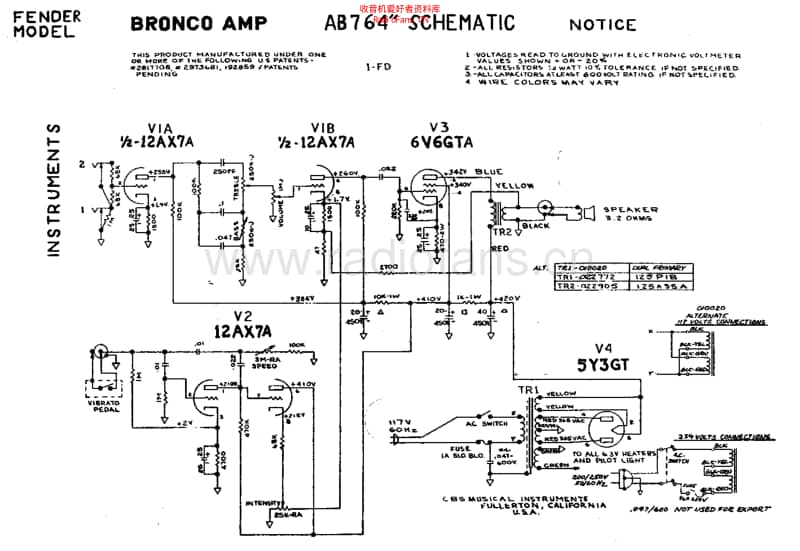Fender_bronco_ab764_schem 电路图 维修原理图.pdf_第1页