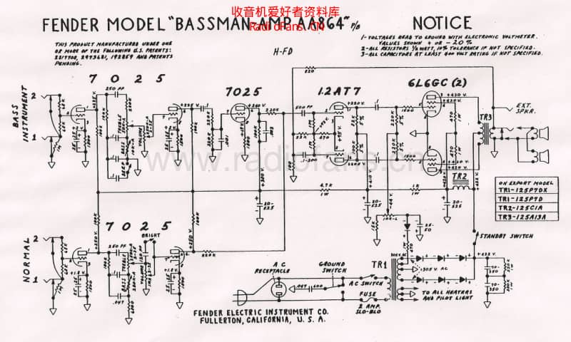 Fender_bassman_aa864_schematic 电路图 维修原理图.pdf_第1页